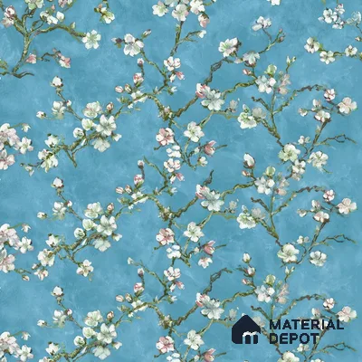 OR05-4 | Teal Blue Almond Blossom PVC Floral Wallpaper - 5 Meter x 42 Inch, 57 Sq. Ft. (Min. 15% Wastage)