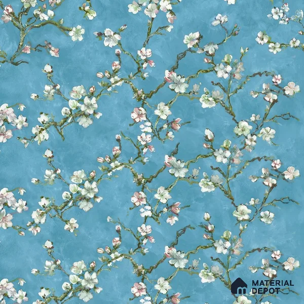 OR05-4 | Teal Blue Almond Blossom PVC Floral Wallpaper - 5 Meter x 42 Inch, 57 Sq. Ft. (Min. 15% Wastage)