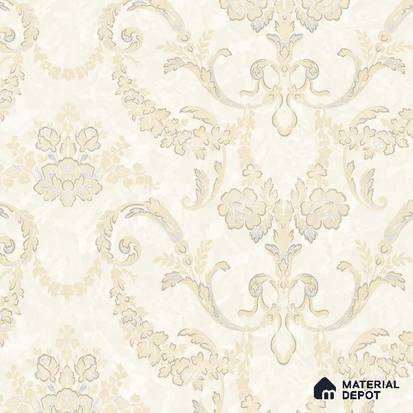 OR09-2 | Off-White Classic Scroll Damask PVC Patterned Wallpaper - 5 Meter x 42 Inch, 57 Sq. Ft. (Min. 15% Wastage)
