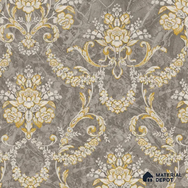 OR09-1 | Brown & Gold Floral Wreath Damask PVC Patterned Wallpaper - 5 Meter x 42 Inch, 57 Sq. Ft. (Min. 15% Wastage)