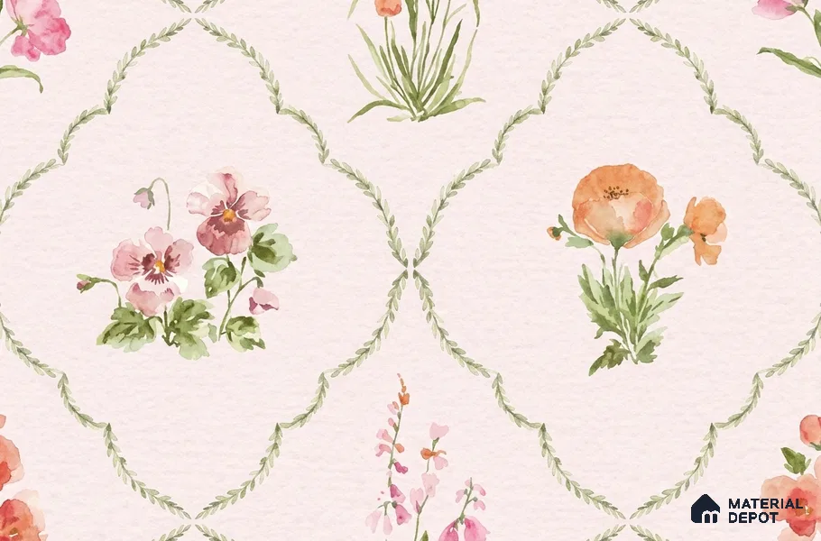 81402-2 | Blush Pink Floral Trellis Patterned Wallpaper - 5 Meter x 42 Inch, 57 Sq. Ft.