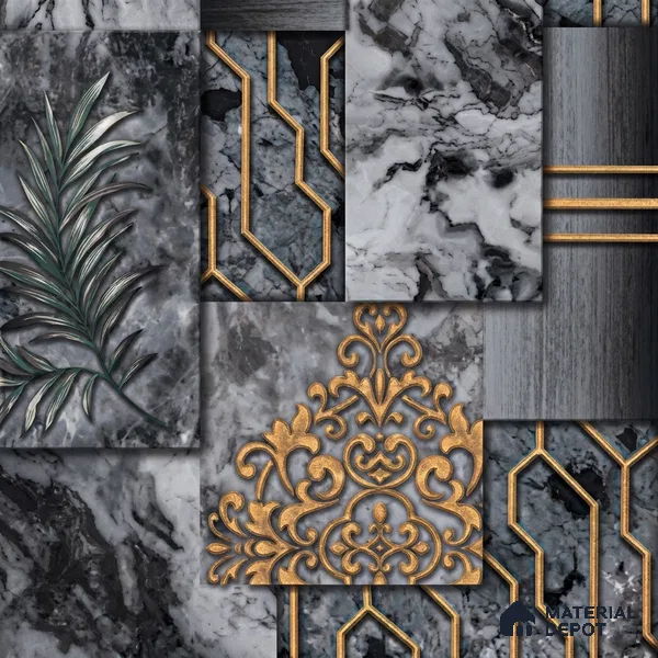 AA101004 | Charcoal & Gold Marble Deco Panel PVC Patterned Wallpaper - 9.5 Meter x 21 Inch, 55 Sq. Ft. (Min. 15% Wastage)