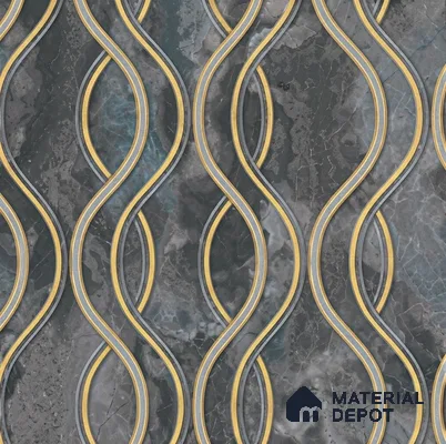 AA100903 | Charcoal & Gold Wavy Ribbon Marble PVC Patterned Wallpaper - 9.5 Meter x 21 Inch, 55 Sq. Ft. (Min. 15% Wastage)