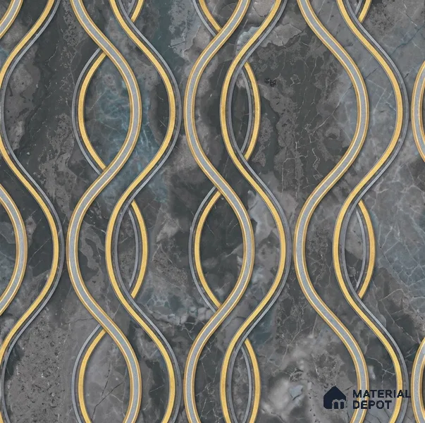 AA100903 | Charcoal & Gold Wavy Ribbon Marble PVC Patterned Wallpaper - 9.5 Meter x 21 Inch, 55 Sq. Ft. (Min. 15% Wastage)