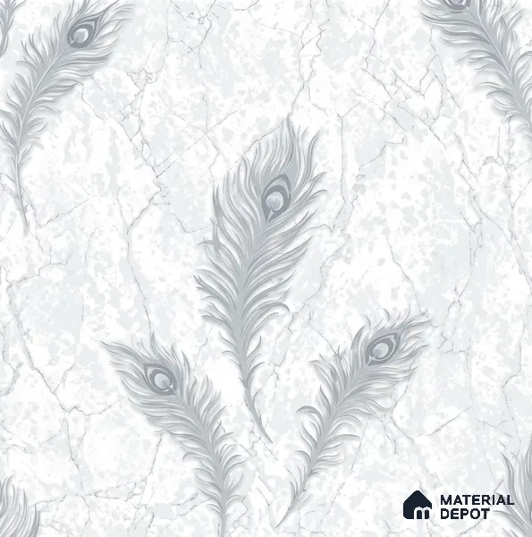 AA100701 | Silver Grey Peacock Feather PVC Floral Wallpaper - 9.5 Meter x 21 Inch, 55 Sq. Ft. (Min. 15% Wastage)