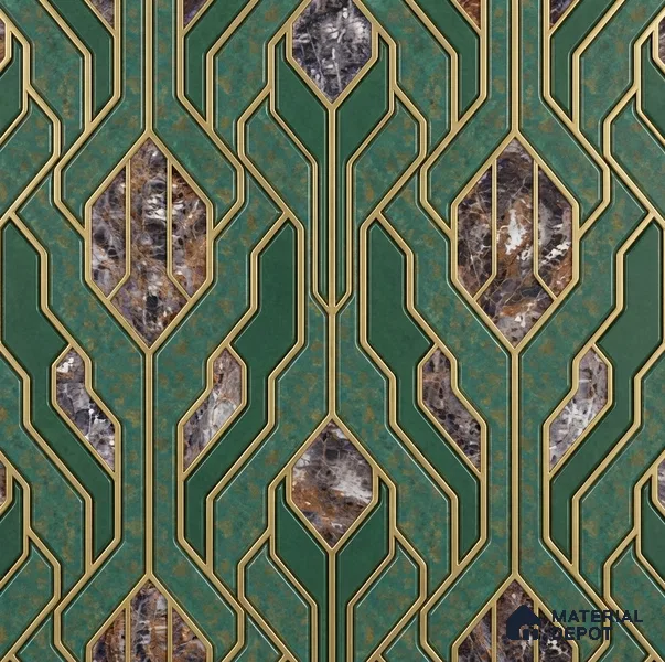 AA101106 | Emerald & Gold Marble Diamond Panel PVC Patterned Wallpaper - 9.5 Meter x 21 Inch, 55 Sq. Ft. (Min. 15% Wastage)