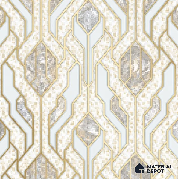 AA101102 | Cream & Gold Marble Diamond Panel PVC Patterned Wallpaper - 9.5 Meter x 21 Inch, 55 Sq. Ft. (Min. 15% Wastage)