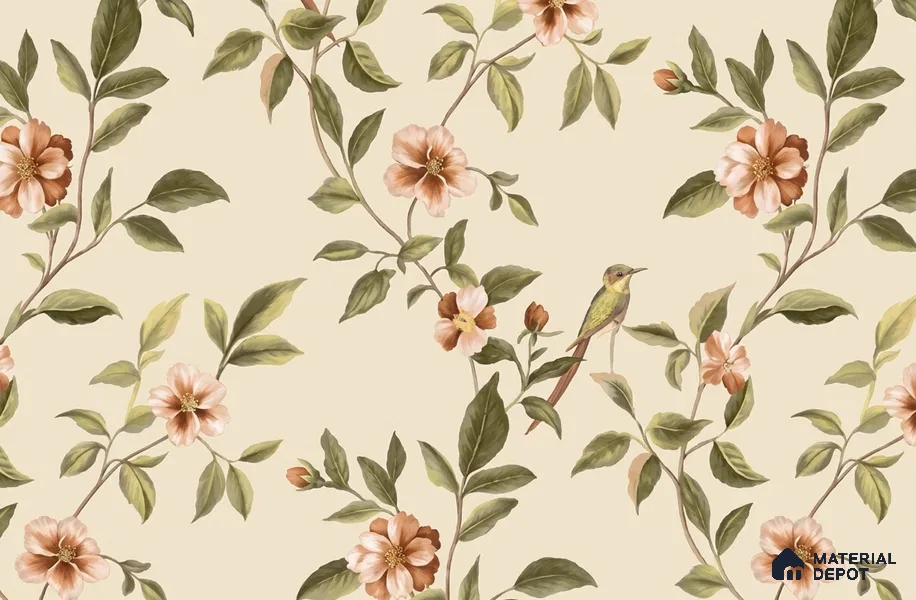 88655-3 | Cream Blossom Bird Floral Wallpaper - 5 Meter x 42 Inches, 57 Sq. Ft. (Min. 15% Wastage)