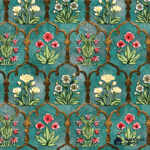 8052 | Teal Arch Flowers Floral Wallpaper - 10 Meter x 21 Inches, 57.41 Sq. Ft.