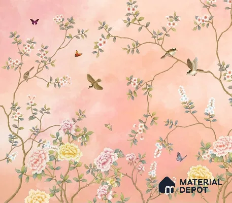 Blossom, Peach Chinoiserie Wallpaper, Customised Sukoon Series Canvas Chinoserie Design (Customised Size Wallpaper)
