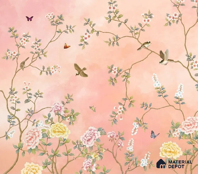 Blossom, Peach Chinoiserie Wallpaper, Customised Sukoon Series Canvas Chinoserie Design (Customised Size Wallpaper)