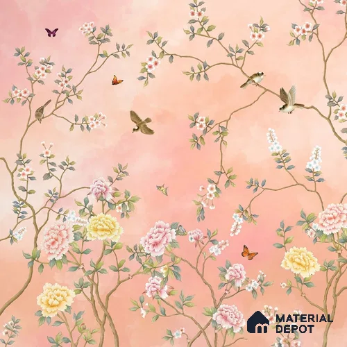 Blossom, Peach Chinoiserie Wallpaper, Customised Sukoon Series Handmade Chinoserie Design (Customised Size Wallpaper)