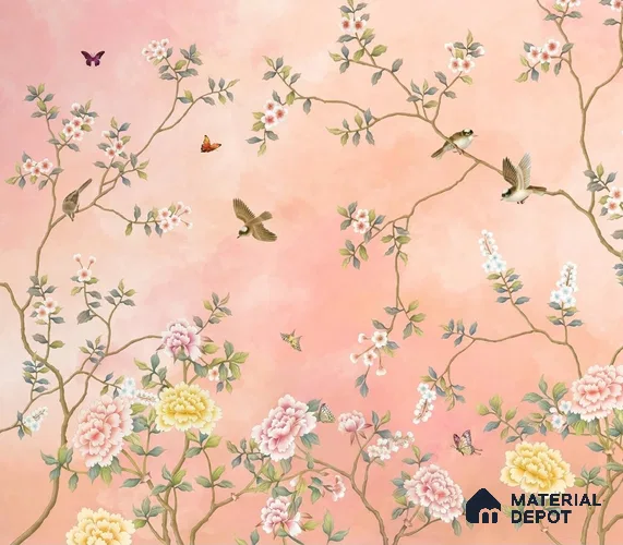 Blossom, Peach Chinoiserie Wallpaper, Customised Sukoon Series Soft Feel Chinoserie Design (Customised Size Wallpaper)