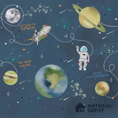 Customized Space Theme Wallpaper for Kids Room, Planets, rockets, Astronauts, Blue Sparkla N Shine Series Handmade Space Design (Customised Size Wallpaper)