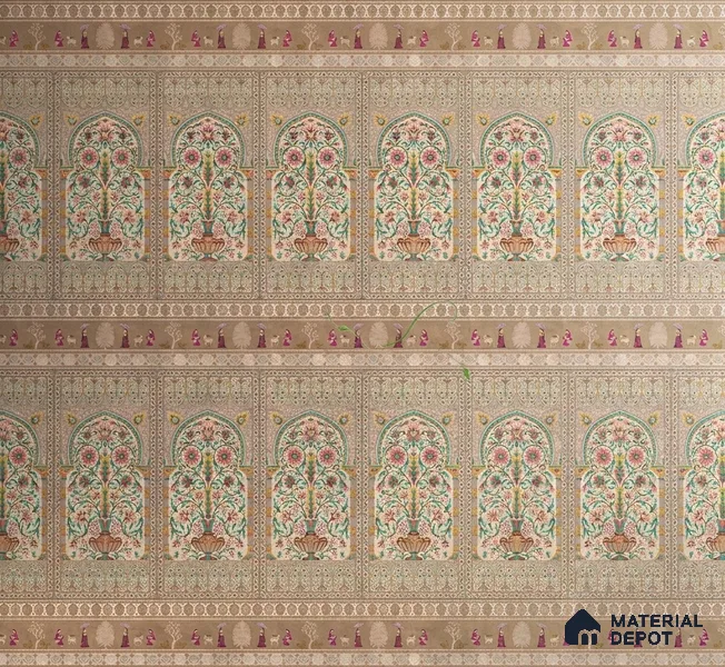 Gitanjali | Warm Beige Temple Arch Motif Traditional Look Wallpaper Handmade (Customised Size)