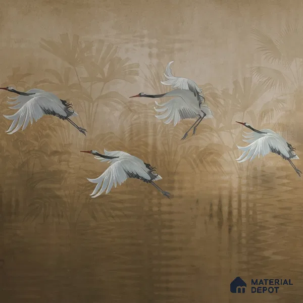 Musafir Beautiful Cranes Brown Wallpaper Sukoon Series Handmade Abstract Design (Customised Size Wallpaper)