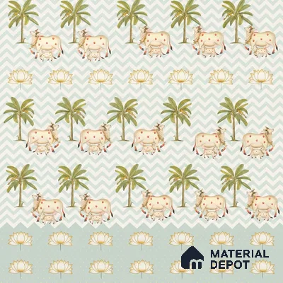 Pichwai Cows in Chevron | Sage Green Palm Tree Sheep Kids Look Wallpaper Handmade (Customised Size)