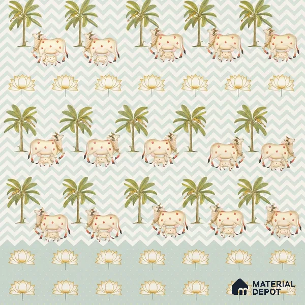 Pichwai Cows in Chevron | Sage Green Palm Tree Sheep Kids Look Wallpaper Handmade (Customised Size)