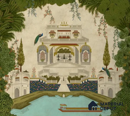 Riwayaat | Sage Green Palace Fountain Mural Scenic Look Wallpaper Handmade (Customised Size)