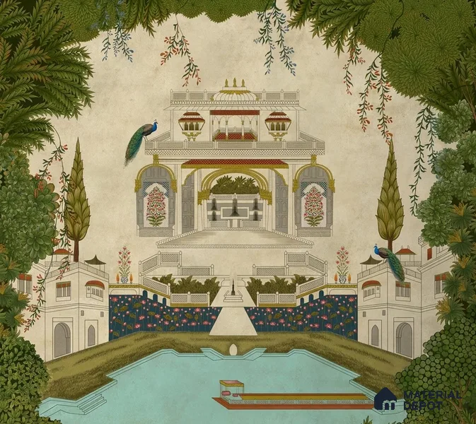 Riwayaat | Sage Green Palace Fountain Mural Scenic Look Wallpaper Handmade (Customised Size)