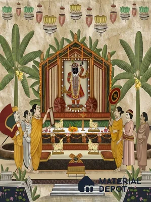 Shrinathji Pichwai | Warm Beige Krishna Shrine Pichwai Traditional Look Wallpaper Canvas (Customised Size)