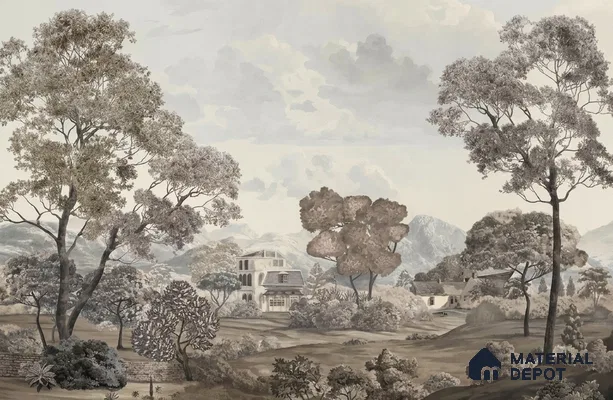 Sukoon | Charcoal Grey Toile Landscape Scenic Look Wallpaper Handmade (Customised Size)