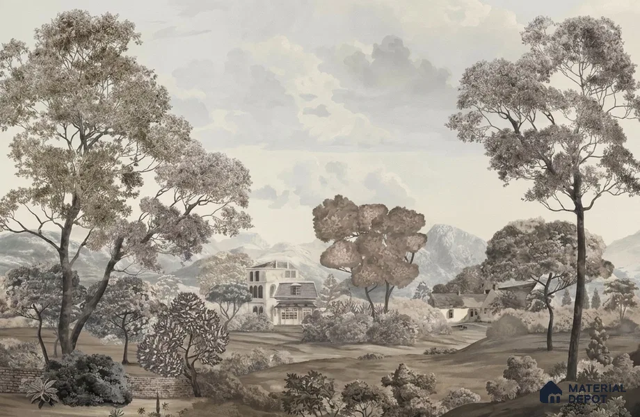 Sukoon | Charcoal Grey Toile Landscape Scenic Look Wallpaper Handmade (Customised Size)