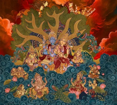WP 02436 | Lotus of kailasa | Multicolour Bright Deity Tree Of Life Traditional Look Wallpaper (Customised Size)