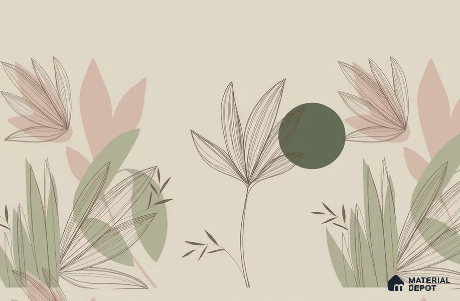 Green and Beige Leaves Line Art Customized Floral Wallpaper - Canvas