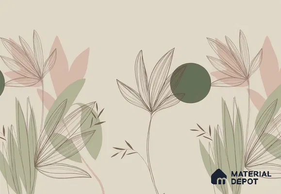 Green and Beige Leaves Line Art Customized Floral Wallpaper - Handmade