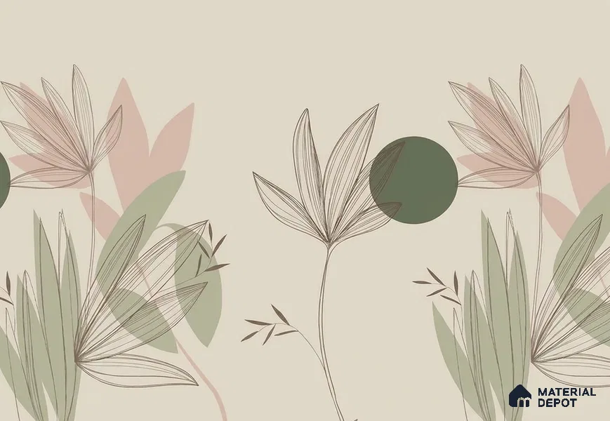Green and Beige Leaves Line Art Customized Floral Wallpaper - Handmade