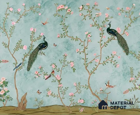 Bagiya, Peacock Canvas Chinoiserie Wallpaper in Indian Style (Customised Size Wallpaper)