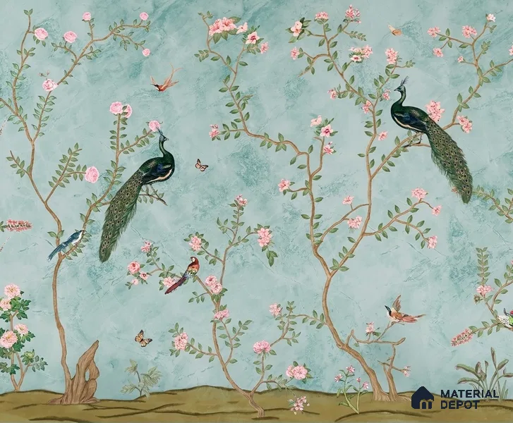Bagiya, Peacock Canvas Chinoiserie Wallpaper in Indian Style (Customised Size Wallpaper)