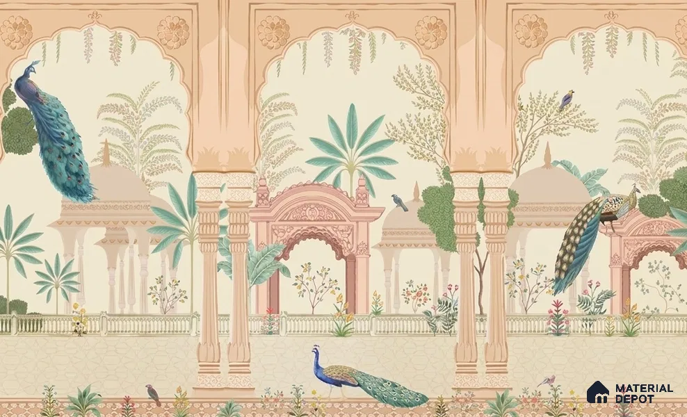 Aangan Indian Theme Soft Feel Wallpaper with Peacocks (Customised Wallpaper)