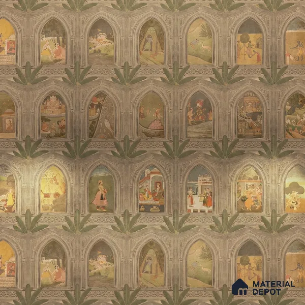 WP 03912 B | Ramayan- Luxury | Warm Beige Palace Arch Gallery Traditional Look Wallpaper Handmade (Customised Size)