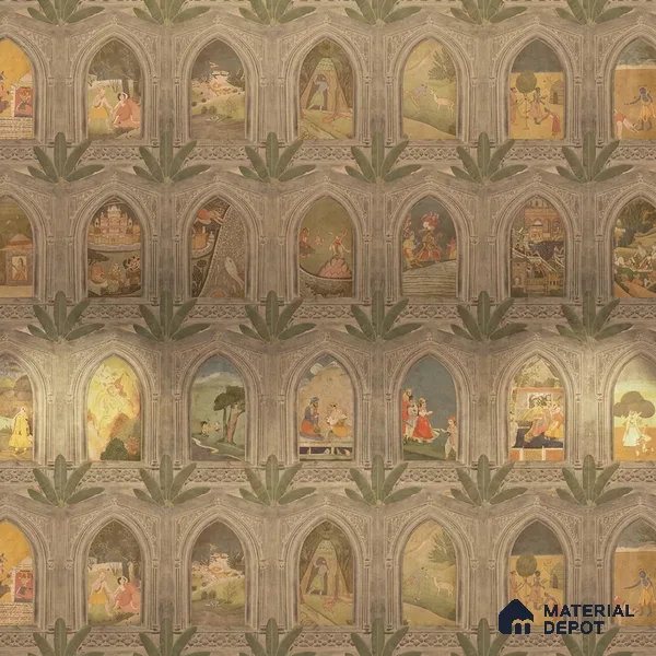 WP 03912 | Ramayan- Luxury | Warm Beige Palace Arch Gallery Traditional Look Wallpaper Canvas (Customised Size)