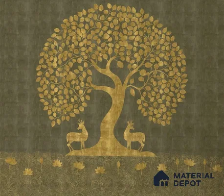 Tree of Life Handmade Wallpaper in Style of Pichwai Art Form Customised for Rooms Green