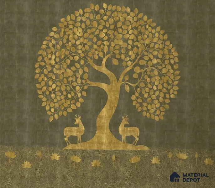 Tree of Life Handmade Wallpaper in Style of Pichwai Art Form Customised for Rooms Green