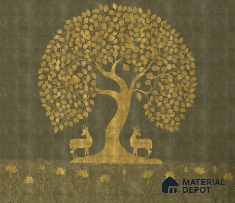 Tree of Life Sandstone Wallpaper in Style of Pichwai Art Form Customised for Rooms Green