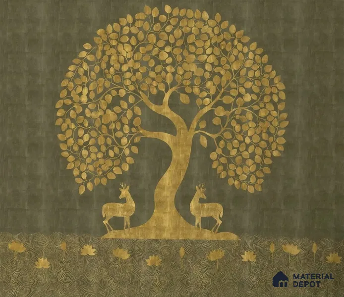 Tree of Life Sandstone Wallpaper in Style of Pichwai Art Form Customised for Rooms Green