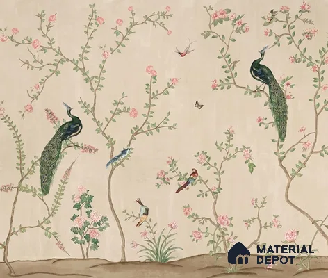 Bagiya, Peacock Chinoiserie in Indian Style, Clay Beige, Customised Canvas Wallpaper