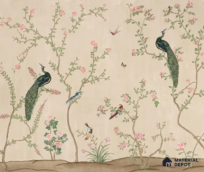 Bagiya, Peacock Chinoiserie in Indian Style, Clay Beige, Customised Canvas Wallpaper