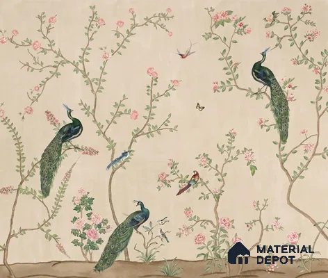 Bagiya, Peacock Chinoiserie in Indian Style, Clay Beige, Customised Sandstone Wallpaper