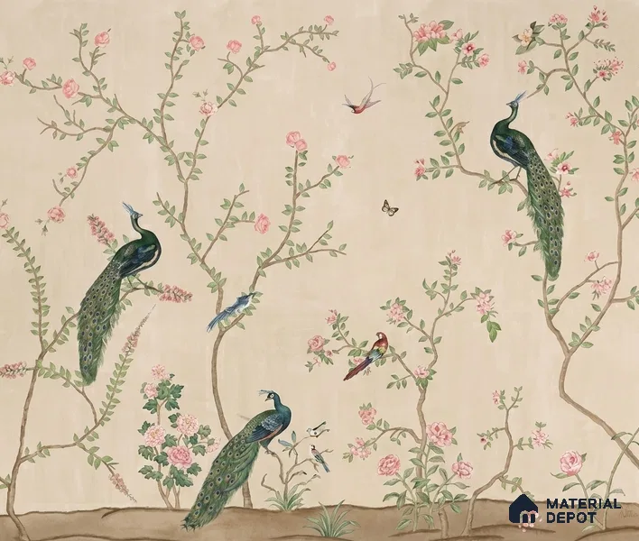 Bagiya, Peacock Chinoiserie in Indian Style, Clay Beige, Customised Sandstone Wallpaper