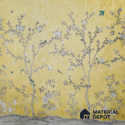 Yellow Aura in the Garden, Luxury Chinoiserie Wallcovering Sukoon Series Canvas Chinoserie Design (Customised Size Wallpaper)