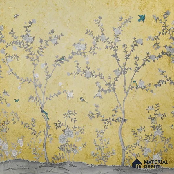 Yellow Aura in the Garden, Luxury Chinoiserie Wallcovering Sukoon Series Canvas Chinoserie Design (Customised Size Wallpaper)