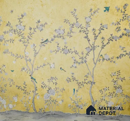 Yellow Aura in the Garden, Luxury Chinoiserie Wallcovering Sukoon Series Handmade Chinoserie Design (Customised Size Wallpaper)