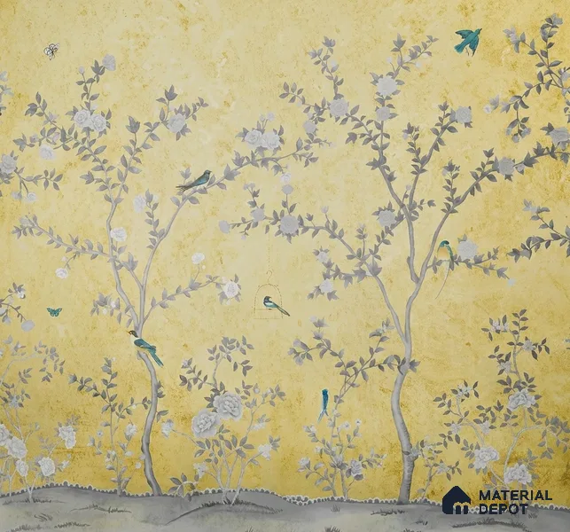 Yellow Aura in the Garden, Luxury Chinoiserie Wallcovering Sukoon Series Handmade Chinoserie Design (Customised Size Wallpaper)