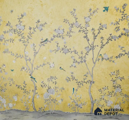Yellow Aura in the Garden, Luxury Chinoiserie Wallcovering Sukoon Series Handmade Chinoserie Design (Customised Size Wallpaper)