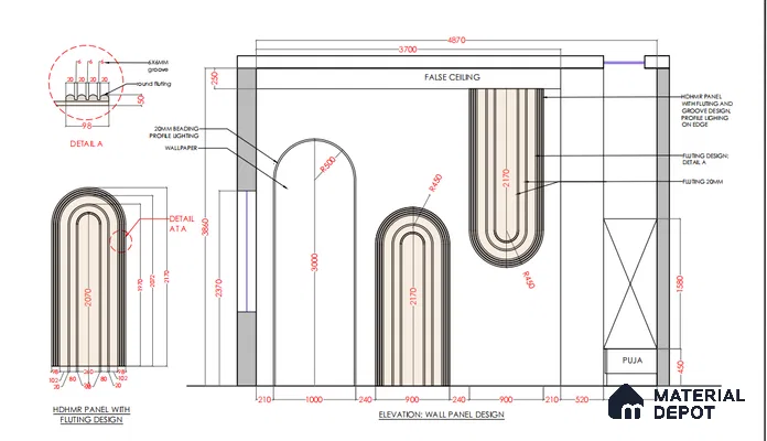 Forest Arch Groove Wall 7.11 ft x 2.95 ftHDHMR Panel - 17 mm (It consists 6 panels (3 front and 3 back panels) among those wallpaper panel size is 9.8 ft length and 3.2 Width)